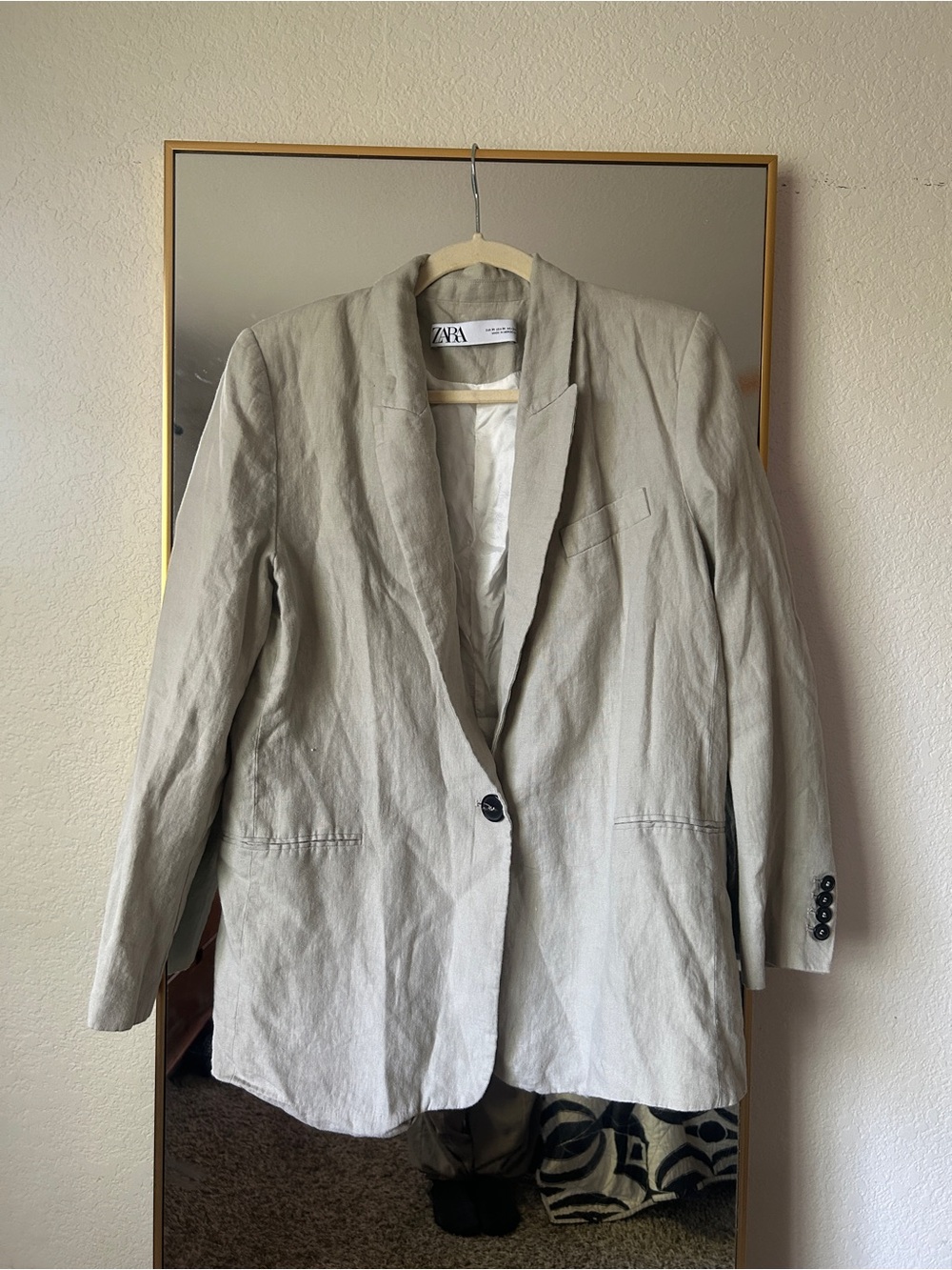 Zara Light Beige Linen-Blend Single-Button Blazer